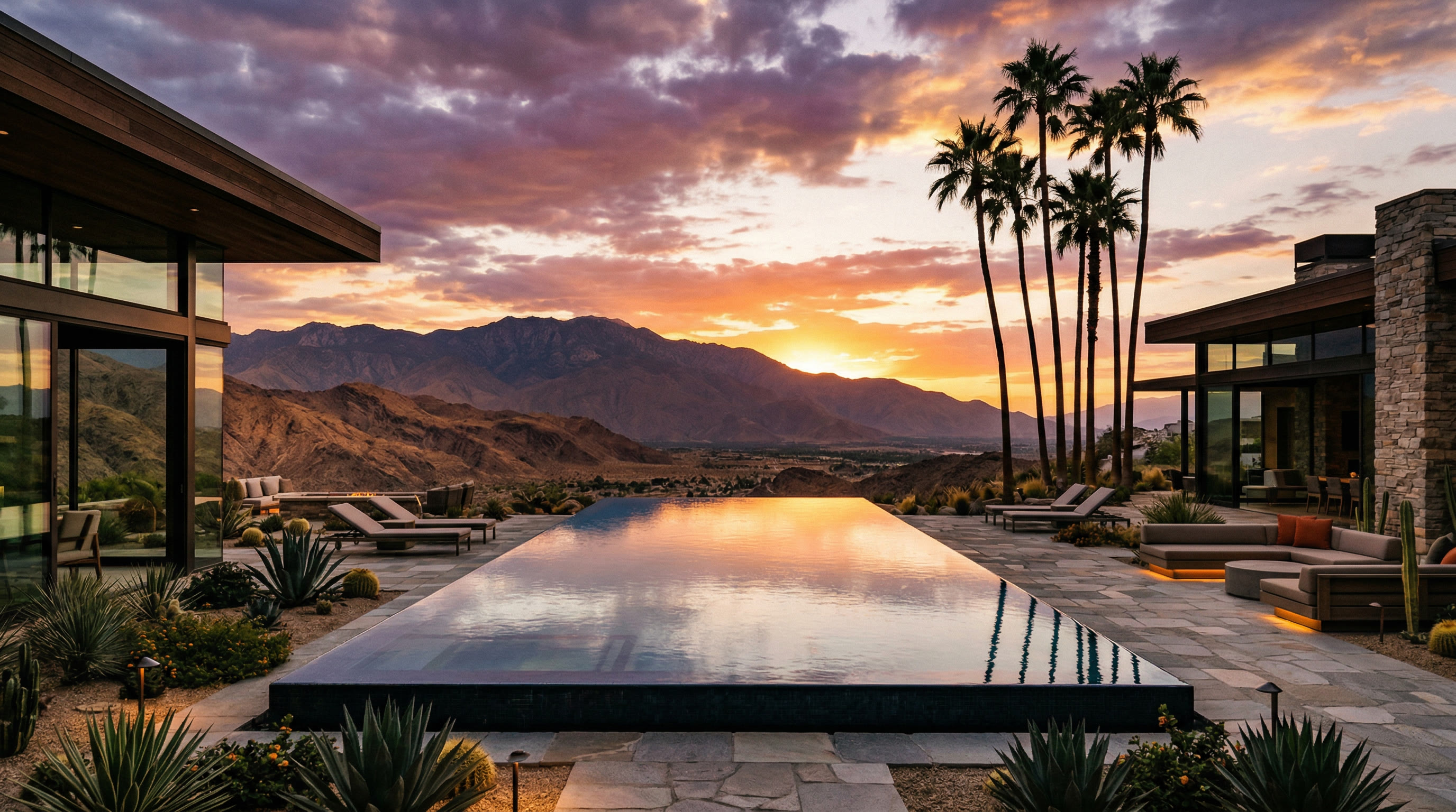 Luxury desert home with infinity pool at sunset in the Coachella Valley